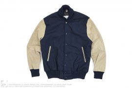 Suede Sleeve Melton Wool High Collar Varsity Jacket by House of Billiam